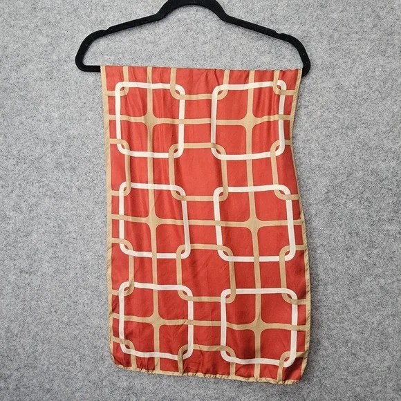 Echo Silk Scarf Women Red Tan Chain Link Designer Long Wrap Mod 70s Preppy 14x44 - Picture 8 of 11